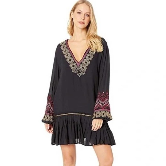 Free People Wild One Black Dress Small Embroidered Drop Waist Peasant Mini L/S - Picture 1 of 16